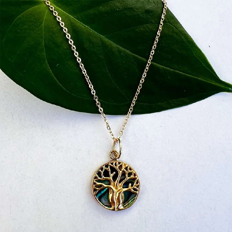 Women’s layered necklaces-Abalone Tree of Life Necklace - Brass, Indonesia