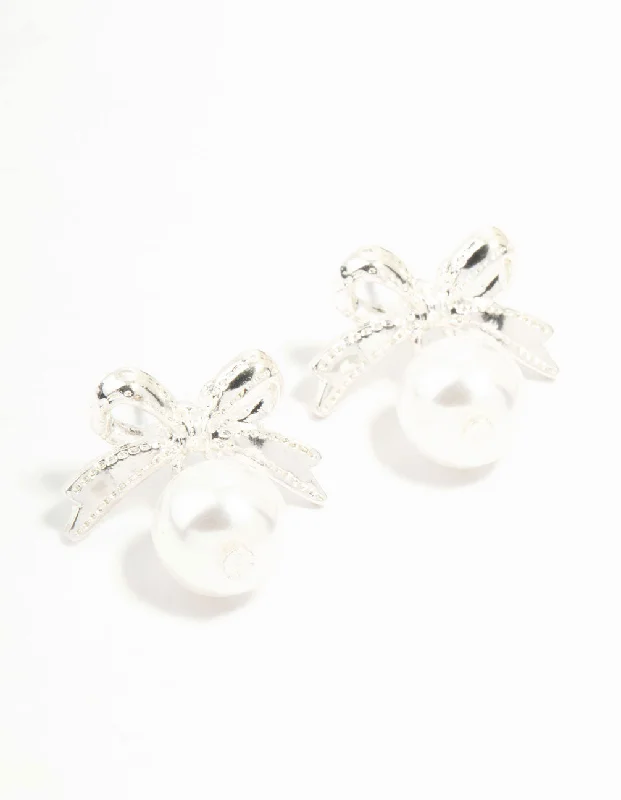 Trendy earrings with gold accents-Silver Bow & Pearl Small Drop Earrings