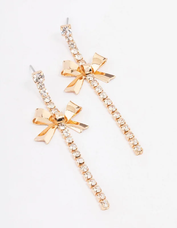 Classic gold earrings for women-Gold Wide Bow Cup Chain Drop Earrings