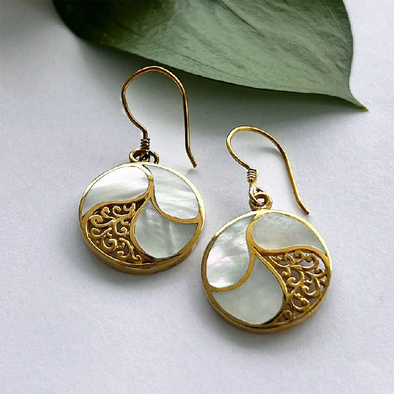 Custom birthstone necklaces for women-Mother-of-Pearl Filigree Earrings - Brass, Indonesia