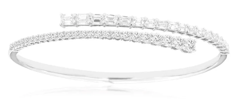 Stylish crystal bangles for women-14k white gold hinged bypass round and Baguette diamond hinged bangle