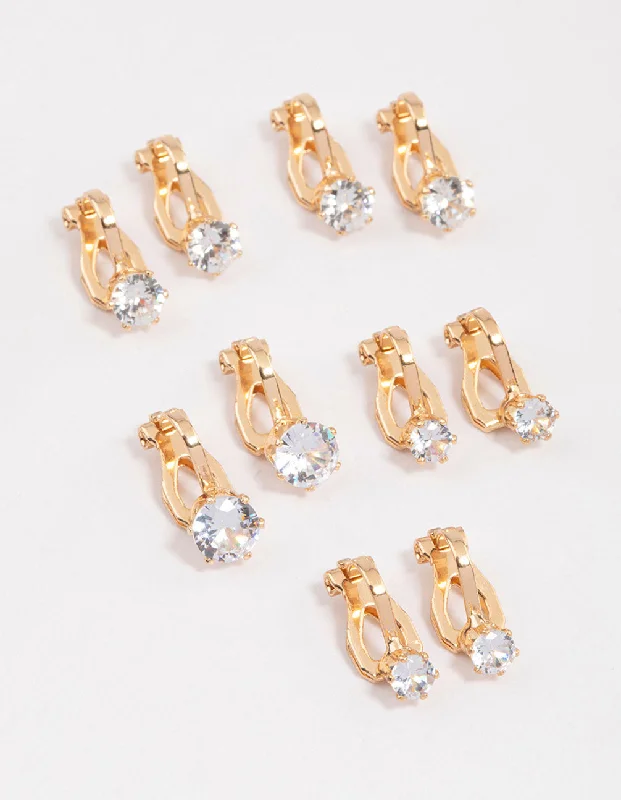 Trendy hoop earrings for ladies-Gold Graduating Diamante Clip On Earrings 5-Pack