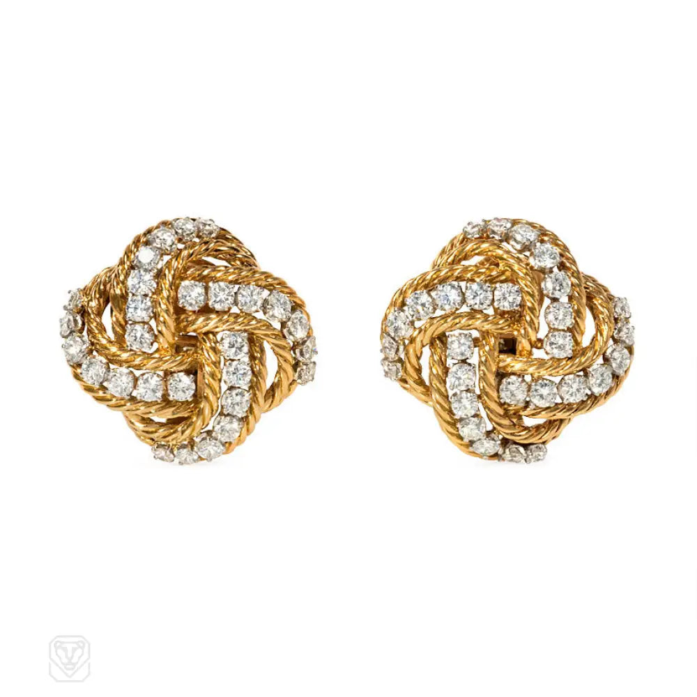 Women’s earrings with heart-shaped designs-Pair of gold and diamond knot earrings, Boucheron