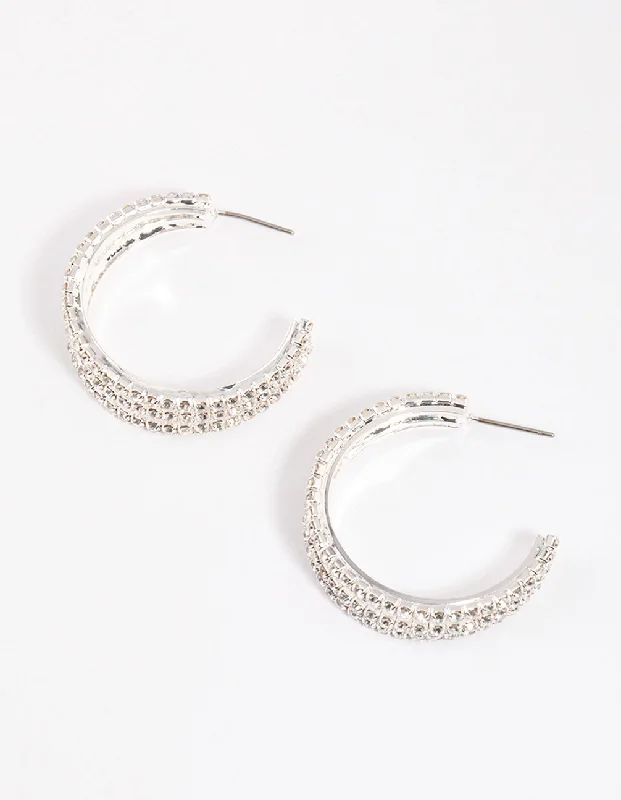 Unique geometric earrings for women-Silver Triple Illusion Mini Hoop Earrings