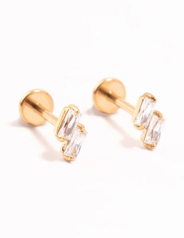 Simple gemstone earrings for women-Gold Plated Surgical Steel Double Cubic Zirconia Flat Backs