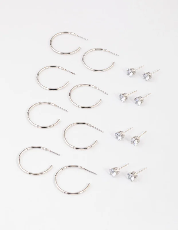 Elegant hoops for women with diamonds-Silver Classic Diamante & Hoop Earrings 8-Pack