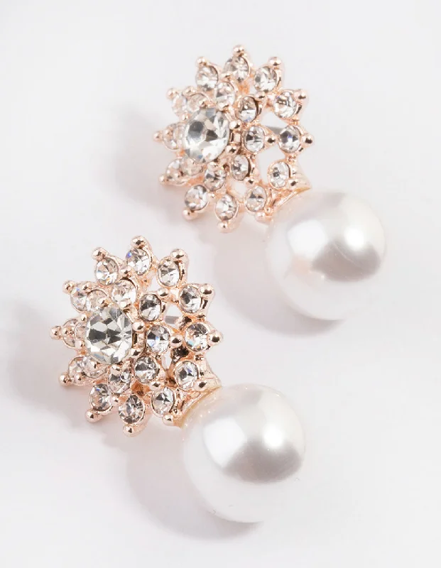 Elegant hoops for women with diamonds-Rose Gold Diamante Swirl Pearl Stud Earrings