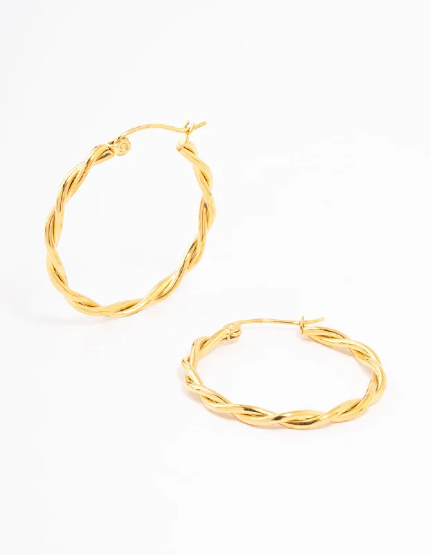 Chic earrings with diamond embellishments-Waterproof Gold Plated Stainless Steel Medium Thin Twisted Hoop Earrings