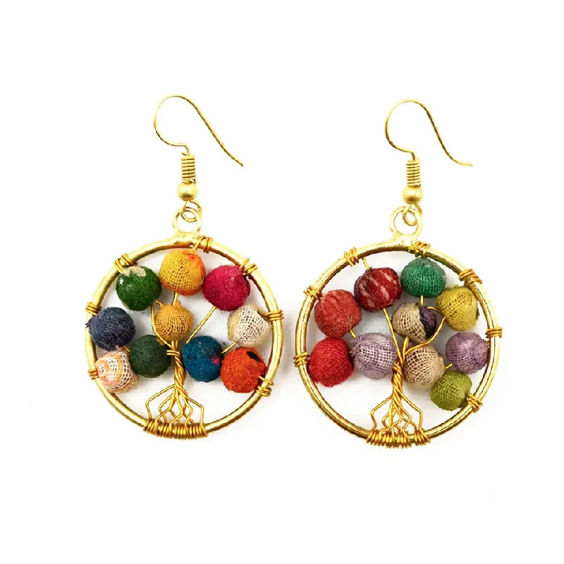 Women’s layered necklaces with beads-Recycled Sari Tree Of Life Earrings, India