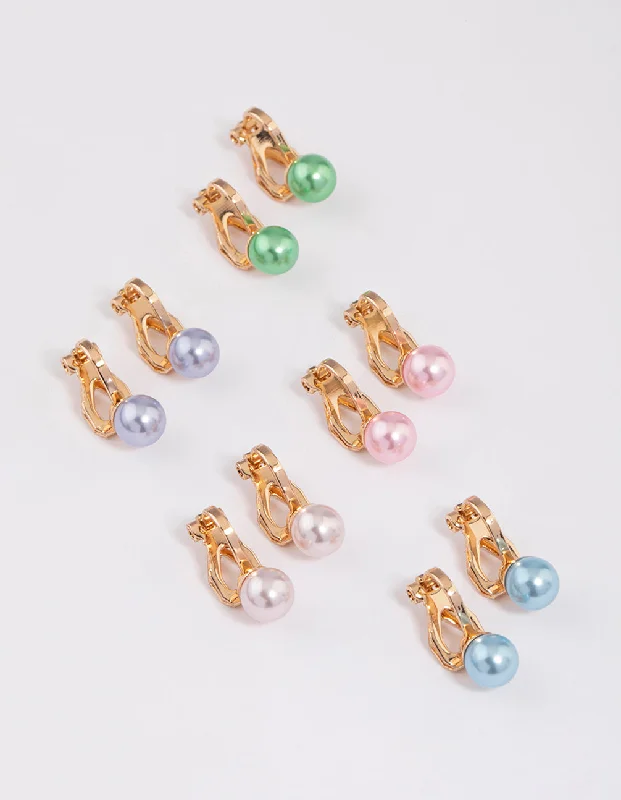 Trendy earrings with gold accents-Colourful Pastel Pearl Clip On Earrings 5-Pack