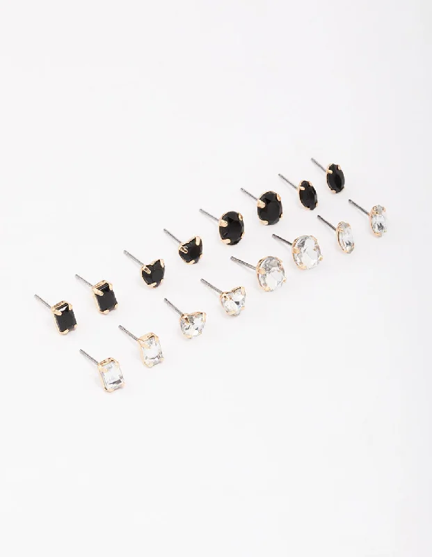 Beautiful pearl earrings for women-Silver Black Diamante Stud Earring 8-Pack