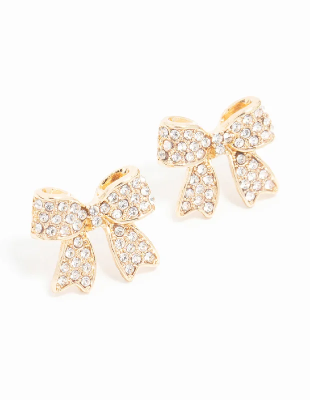 Women’s earrings with minimalistic designs-Gold Pave Set Diamante Bow Stud Earrings