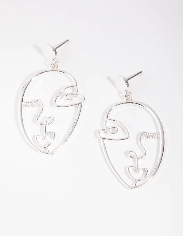 Trendy earrings with gold accents-Silver Picasso Face Earrings