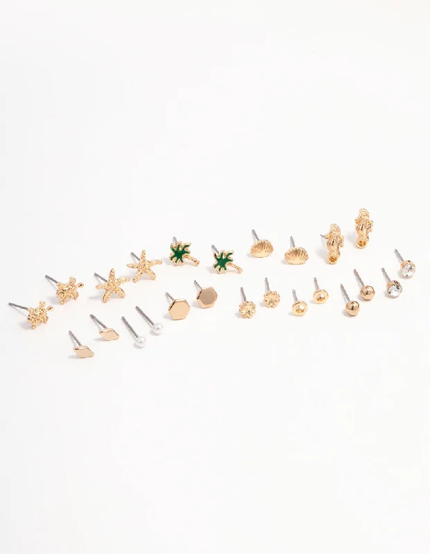 Women’s large statement earrings-Gold Palm Tree Diamante Earring 12-Pack