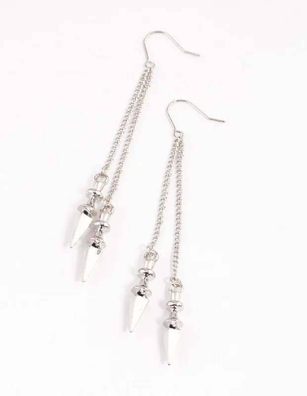 Custom diamond earrings for women-Silver Double Row Chain Spike Drop Earrings