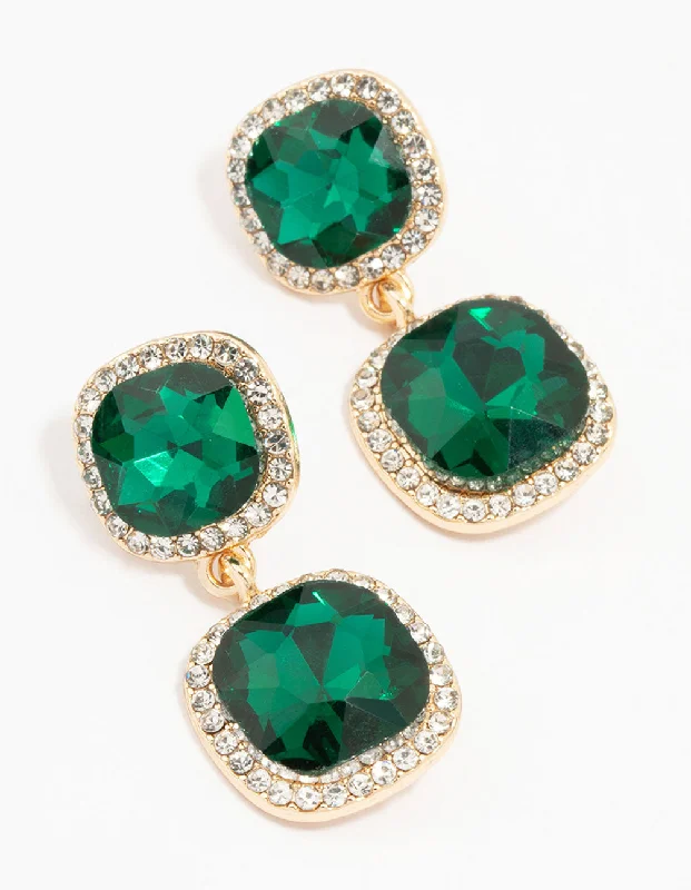 Luxury earrings with ruby stones-Gold Double Square Emerald Halo Drop Earrings