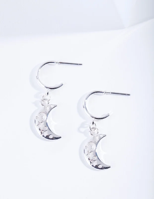 Luxury chandelier earrings for women-Silver Cut-Out Moon Hoop Earrings