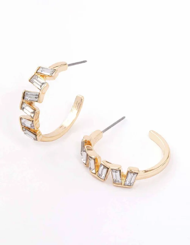 Luxury crystal earrings for women-Gold Jagged Baguette Hoop Earrings