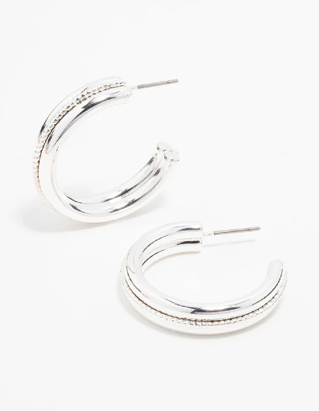 Unique statement earrings for women-Silver Twisted Centre Hoop Earrings