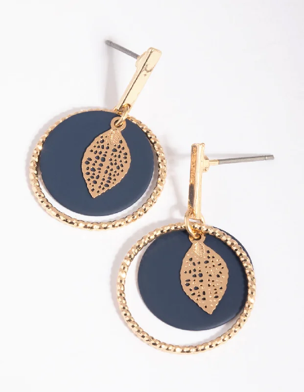 Trendy drop earrings for women-Navy Leaf Drop Earrings