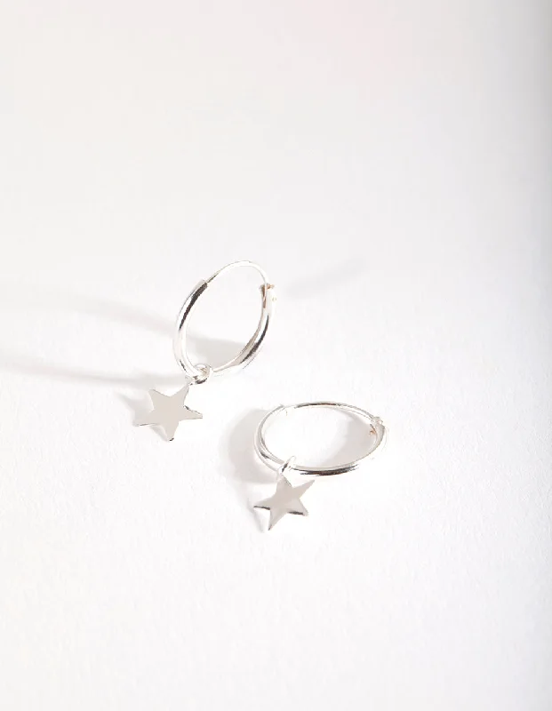 Beautiful gold earrings with diamonds-Sterling Silver Plain Star Dangle Hoop Earrings