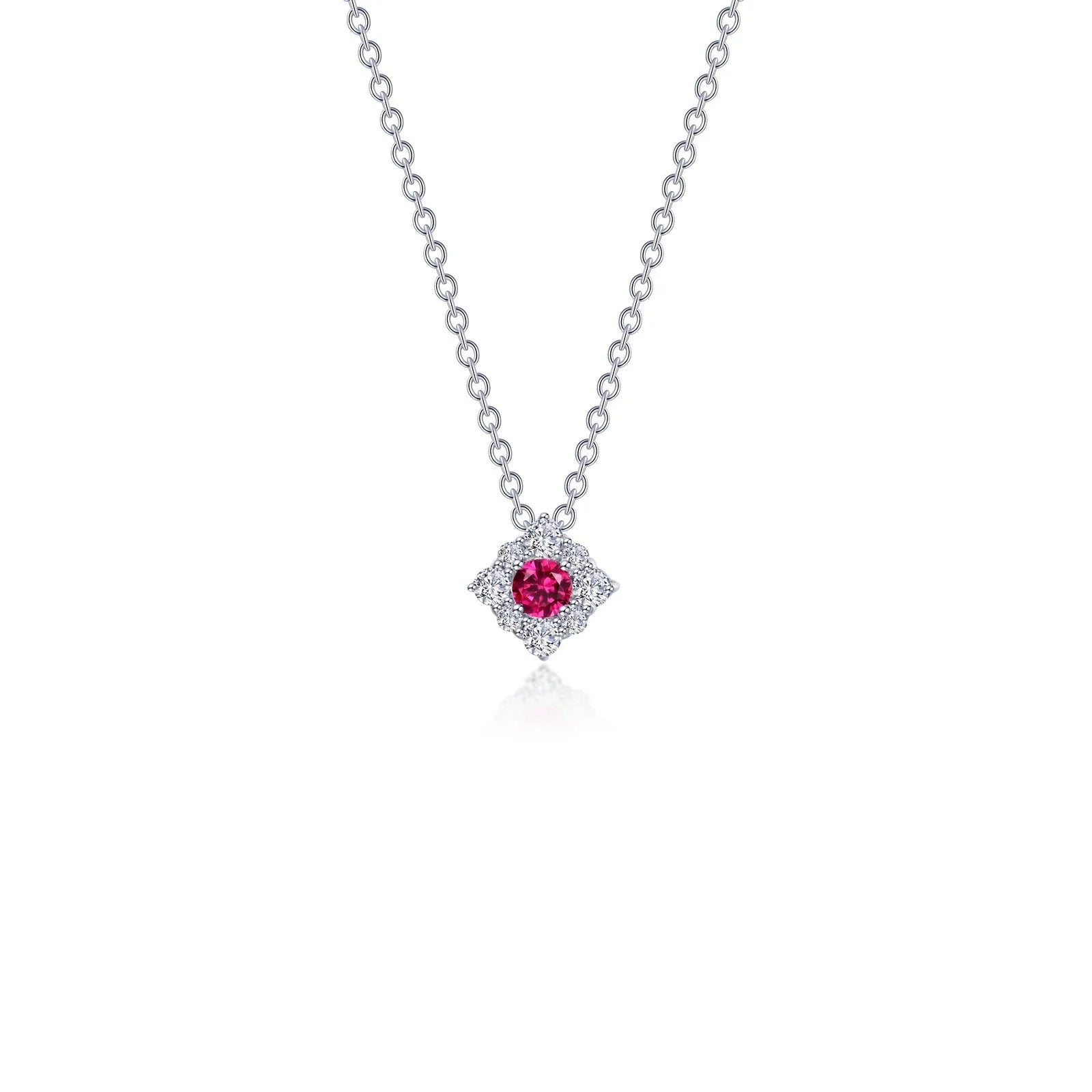 Women’s necklaces with filigree details-Lafonn Simulated Diamond & Ruby Halo Necklace N0324CRP18