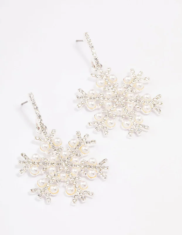 Women’s earrings with artistic designs-Silver Pearl & Diamante Snowflake Earrings