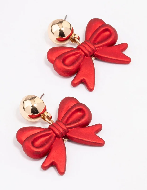 Fashionable earrings with intricate details-Red Pearlised Bow Drop Earrings