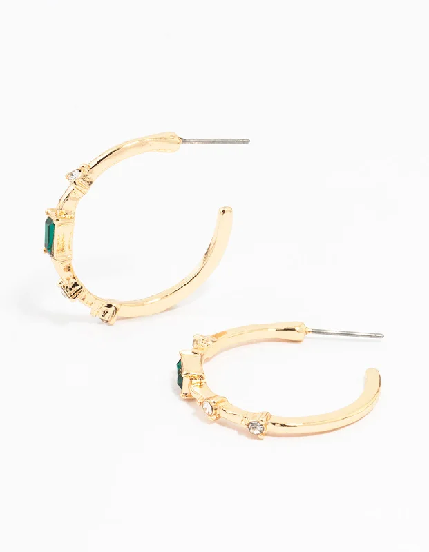 Luxury pearl earrings for women-Gold Diamante Baguette Thin Hoop Earrings