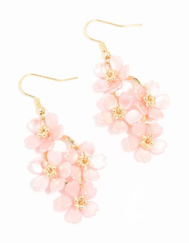 Affordable stud earrings for women-Pink Pearlised Flower Vine Gold Drop Earrings