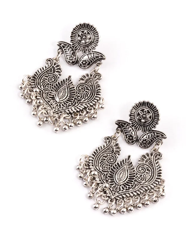 Stunning earrings for women with ruby accents-Antique Silver Filigree Bead Drop Jhumka Earrings