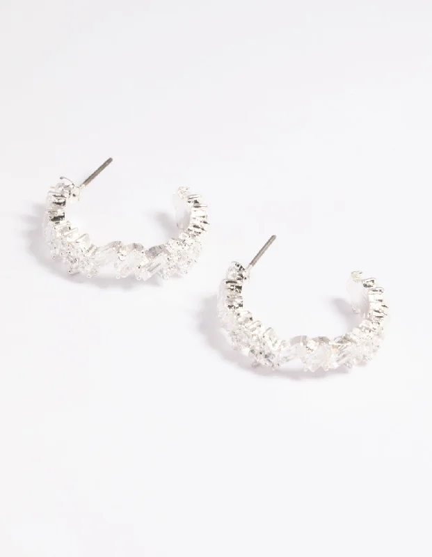 Statement earrings for women with large gemstones-Silver Cubic Zirconia Baguette Hoop Earrings