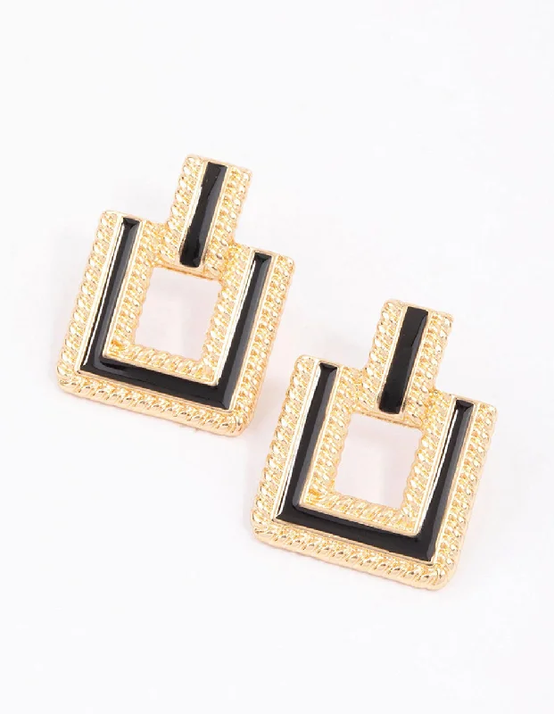 Classic gold earrings for women-Gold Enamel Geometric Square Stud Earrings