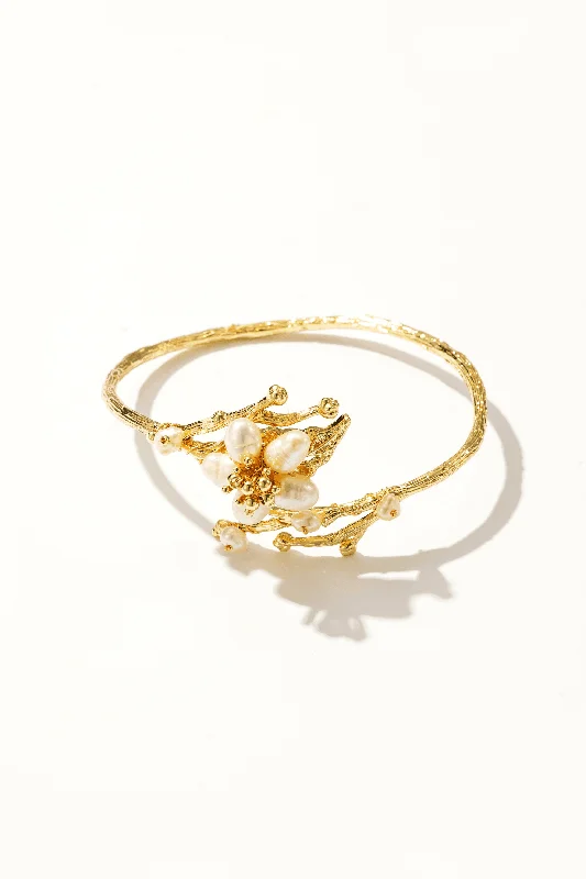 Simple bangles for everyday wear-Ethereal Pearl 14K Gold Bangle