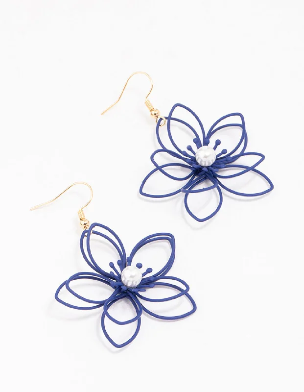 Elegant sterling silver earrings for women-Gold & Navy Blue Wire Pearl Drop Earrings