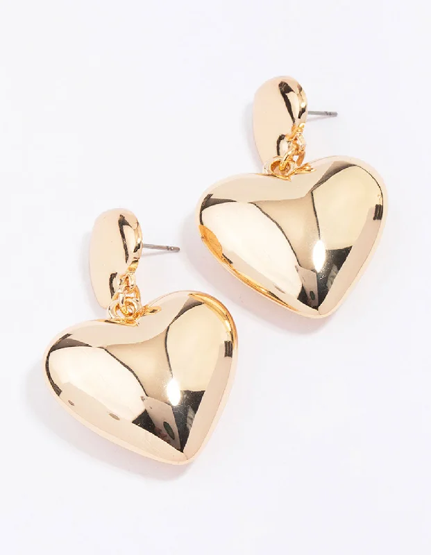 Simple silver earrings for women-Gold Double Puffy Heart Drop Earrings