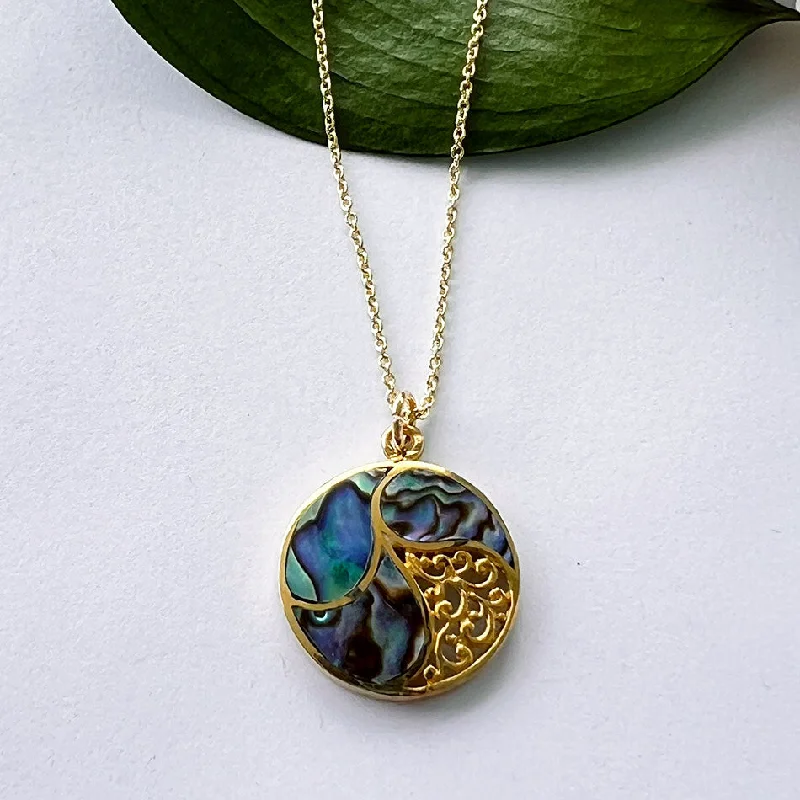 Fashionable necklaces with moonstone-Abalone Filigree Necklace - Brass, Indonesia