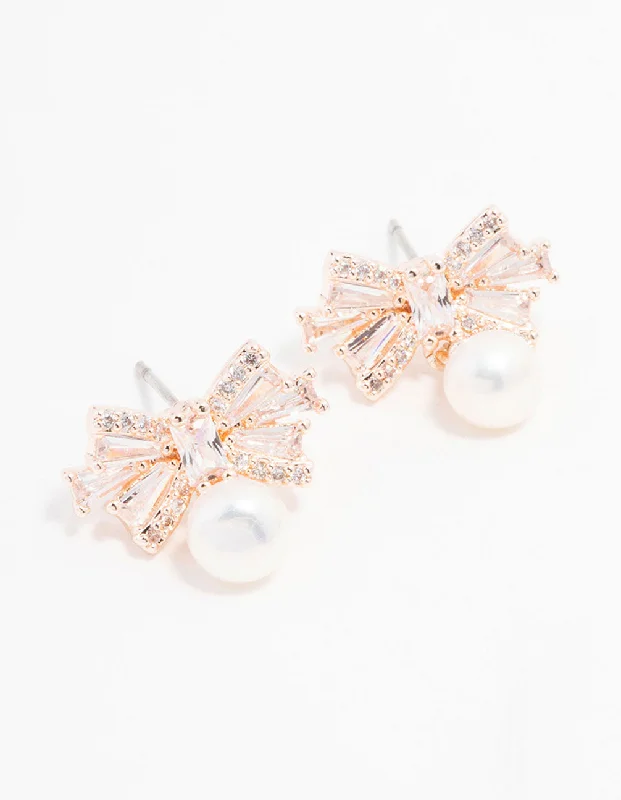 Affordable earrings for women with crystal accents-Rose Gold Plated Cubic Zirconia Baguette Bow & Pearl Drop Earrings