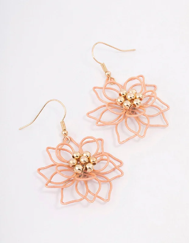 Classic gold earrings for women-Gold Wire Flower Drop Earrings