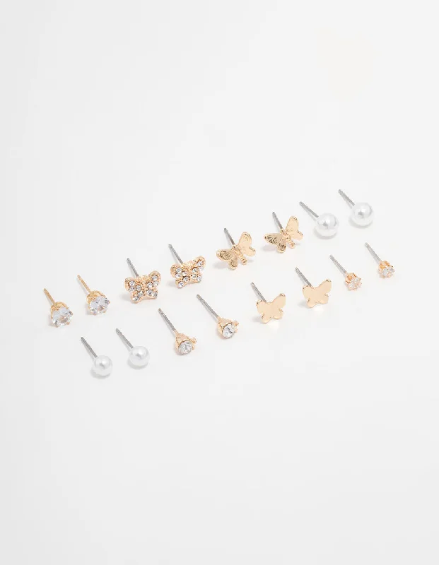 Elegant hoops for women with diamonds-Gold Pearl, Diamante & Butterfly Stud Earrings 8-Pack