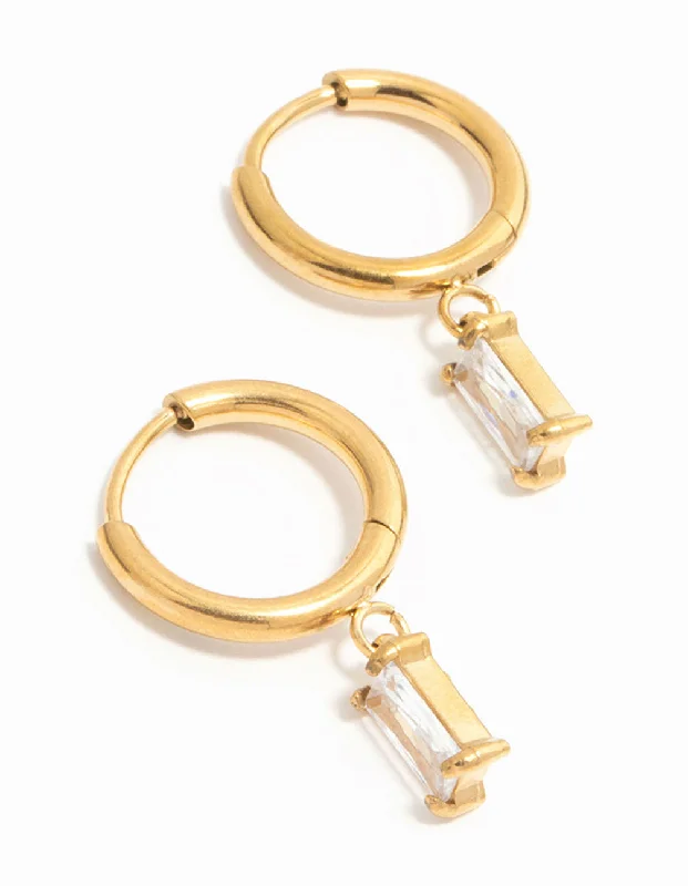 Stunning earrings for women with ruby accents-Waterproof Gold Plated Stainless Steel Baguette Diamante Huggie Earrings