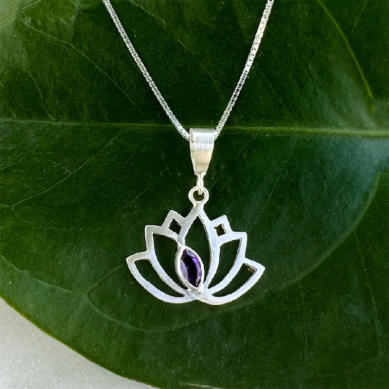 Unique gemstone necklaces for women-Amethyst Lotus Necklace - Sterling Silver, Indonesia