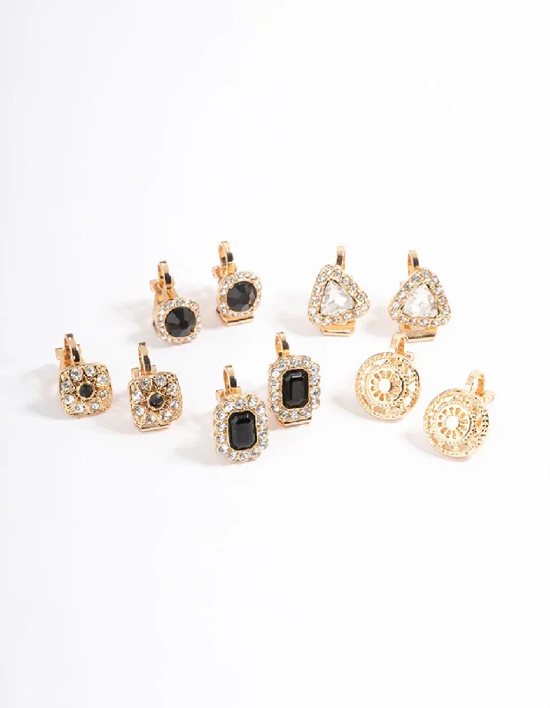 Simple gemstone earrings for women-Gold Multi Stone 5-Pack Clip Earrings