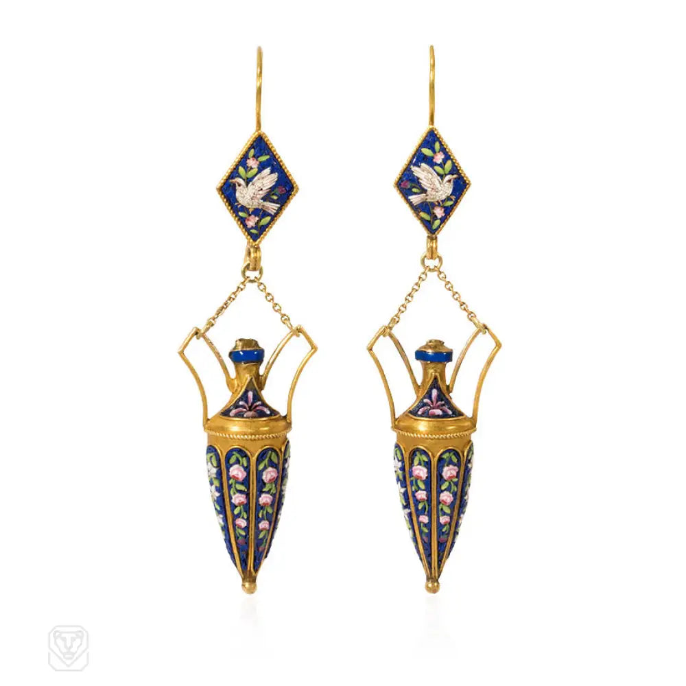 Unique earrings with multi-colored stones-Antique micromosaic urn earrings, Vatican