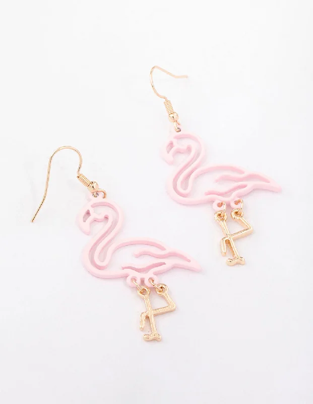 Custom diamond earrings for women-Pink Cut Out Flamingo Drop Earrings