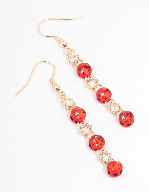 Affordable gold-plated earrings for women-Red Diamante & Stone Chain Drop Earrings