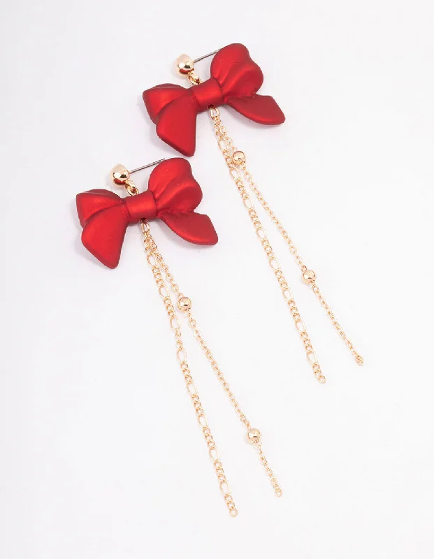 Classic stud earrings for women-Red Pearlised Bow Chain Drop Earrings