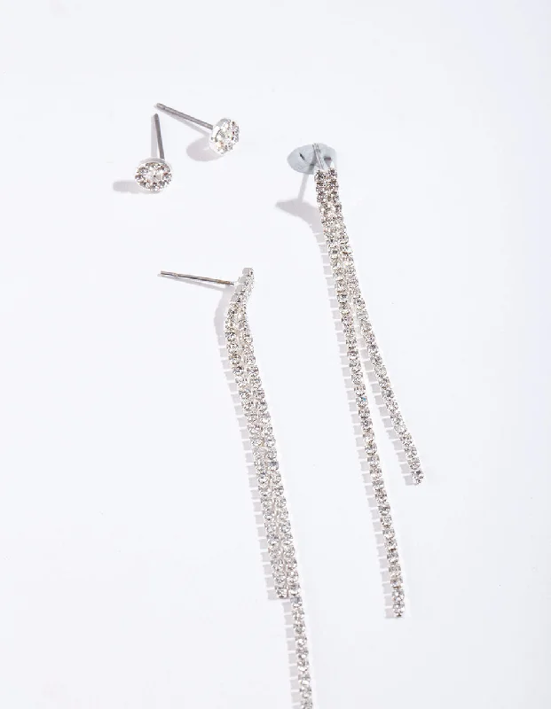 Elegant sterling silver earrings for women-Silver Diamante Chain Earring Pack