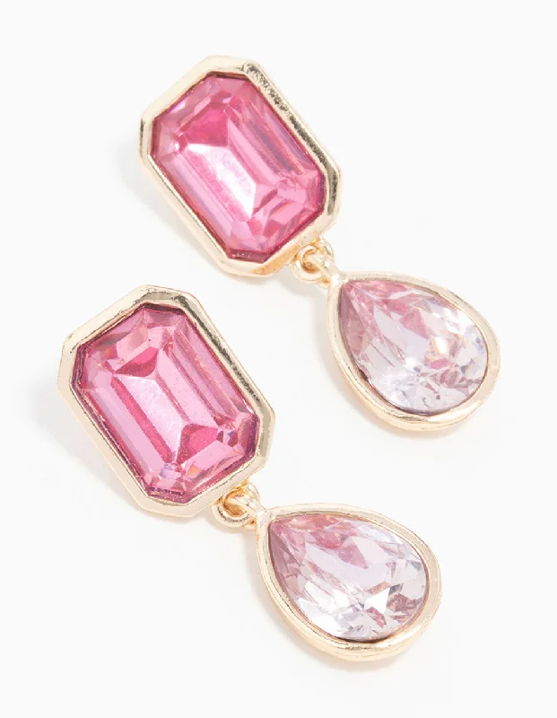 Stunning ruby earrings for women-Rose Gold Pink Diamante Drop Earrings