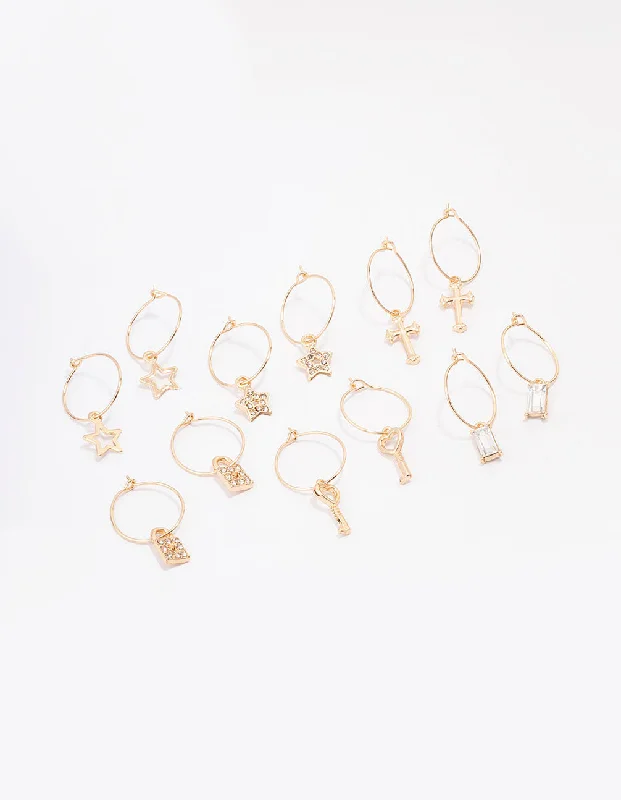 Unique statement earrings for women-Gold Crystal Star Wire Hoop Earring 6-Pack